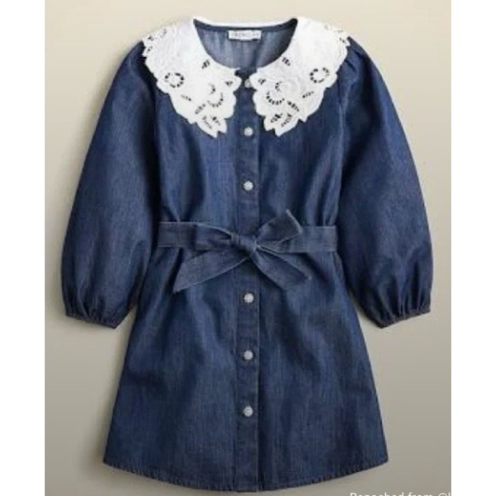 Crewcuts Girls Denim Dress Blue Eyelet Lace Collar Rhinestone Button Size 10